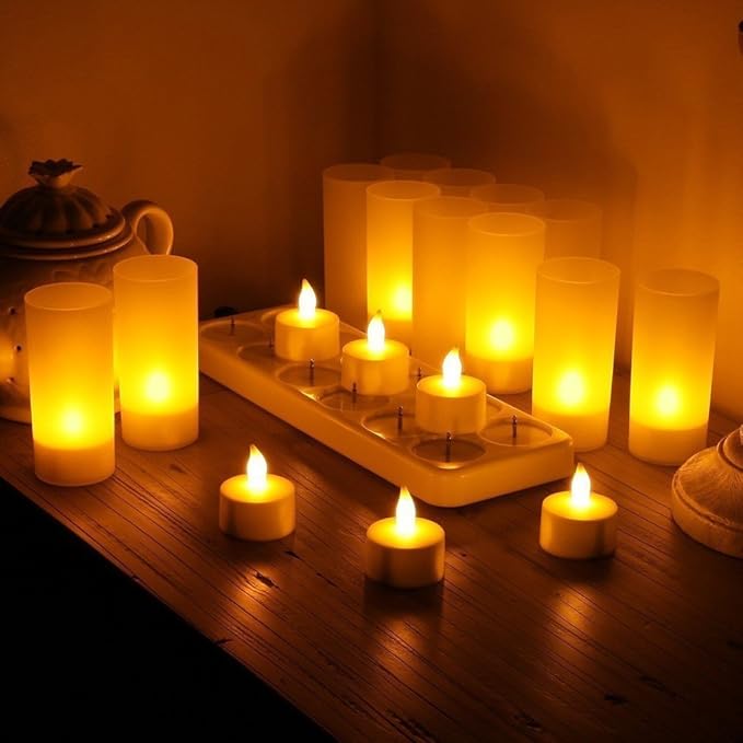WoneNice USB Rechargeable Flameless Candles, 12 Pack LED Tea Lights with Charging Dock & AC Adapter, Safe Battery Operated Fake Votive for Wedding Christmas Lanterns Emergency Home Decor