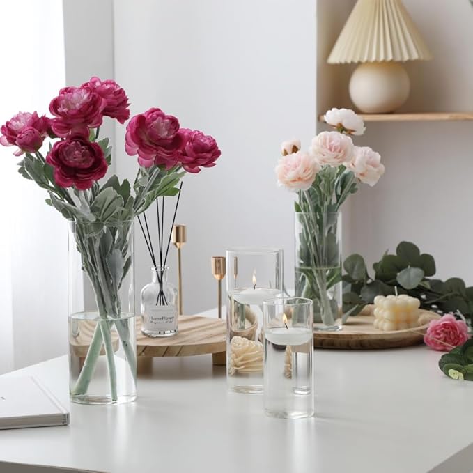 Set of 4 Pcs Glass Cylinder Vases for Centerpieces with 6 Pcs White Floating Candles for Centerpieces Glass Candle Holder for Table Shelf Wedding Party Home Decor (S+M+L+XL)