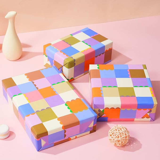 Ulmasinn Color Block Wrapping Paper Roll - 17 Inches x 33 Feet - for Girls Boys Kids, Colorful Square Patterned Gift Wrapping Paper with Scalloped Edges for Birthday Party, Holidays, Weddings