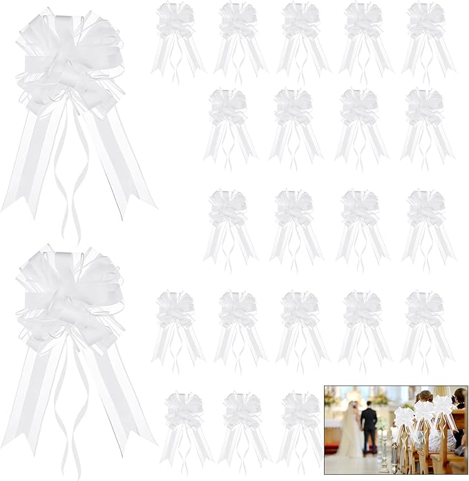 Gift Wrap Bows, 24 Pcs White Pull Bows with Yarn Ties
