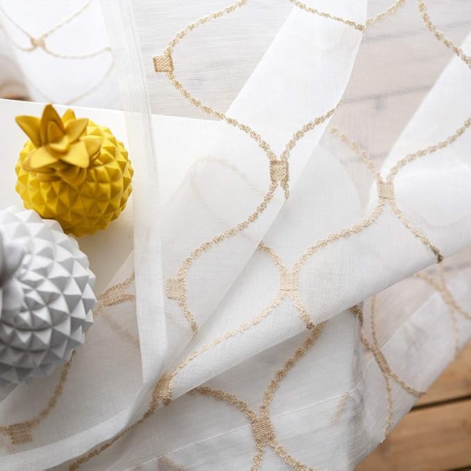 Sheer Curtains Gold 95 Inches Long, Embroidered Wave Diamond Window Treatments Rod Pocket Drapes for Living room, Bedroom, Semi Crinkle Voile Curtain Panels for Yard, Patio, Villa, Set of 2, 52"x95".