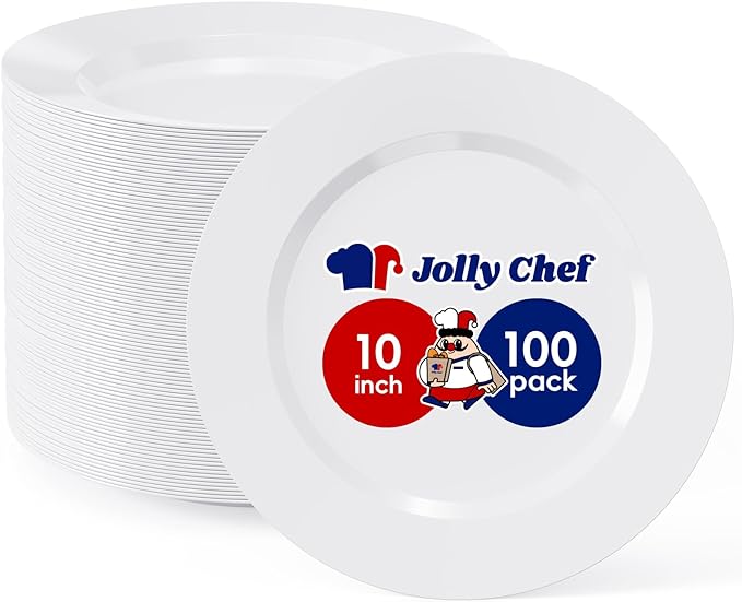 Plates, 100 Count White Plastic Disposable, 10 Inch Size