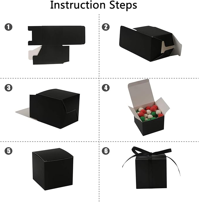 COTOPHER 60pcs Wedding Favor Boxes, Paper Gift Boxes 3x3x3 Inches Small Gift Boxes with Ribbons, Easy Assemble Boxes (Black)