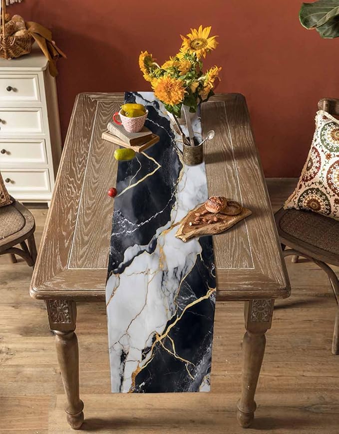 Black White Marble Cotton Linen Table Runner for Dining Kitchen, Wedding Outdoor Party Tablerunners Decoration, Nature Marble Crack Modern Art Dresser Scarf Coffee Tablecloth Runners 13x120 Inches