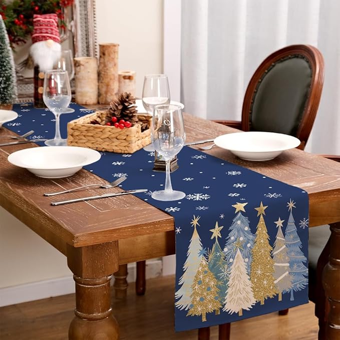 GEEORY Christmas Table Runner 13x90 Inch, Xmas Trees Snowflakes Holiday Decorative Farmhouse Table Decoration for Kitchen Dinning, Indoor Outdoor Dinner Party Decor (Blue) GT151-90