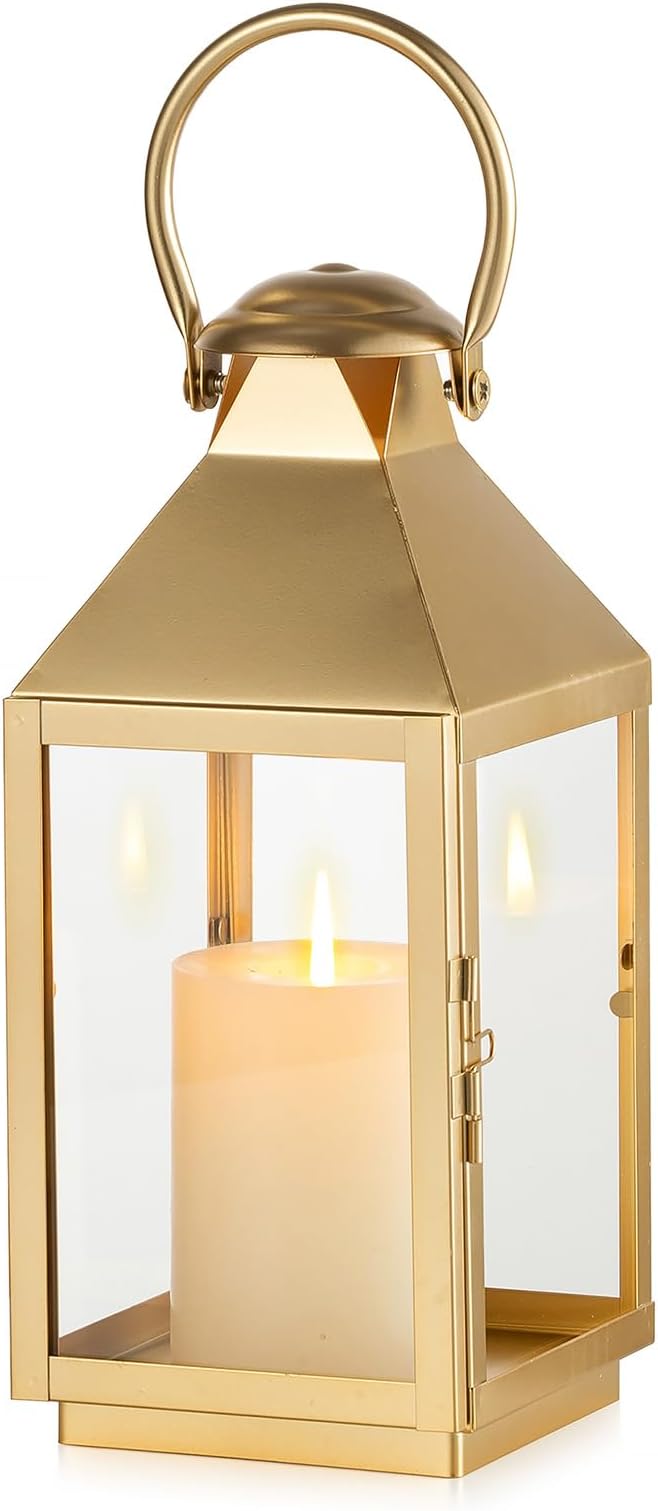 Decorative Candle Lantern, 11.2 Inch Gold Metal with Glass