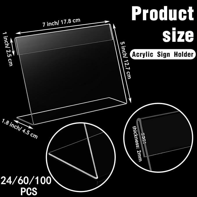Vicenpal 24 Pcs 7x5 Inch Clear Acrylic Sign Holder Plastic L-shape Vertical Menu Stand, Picture Photo Frames, Table Paper Holder, Flyer Sign Display Stand for Restaurants, Store, Office, Wedding