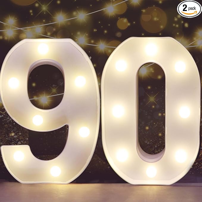 Pooqla Decorative LED Light Up Number Letters, White Plastic Marquee Number Lights Sign for 90th Birthday Party Wedding Decor, Battery Operated