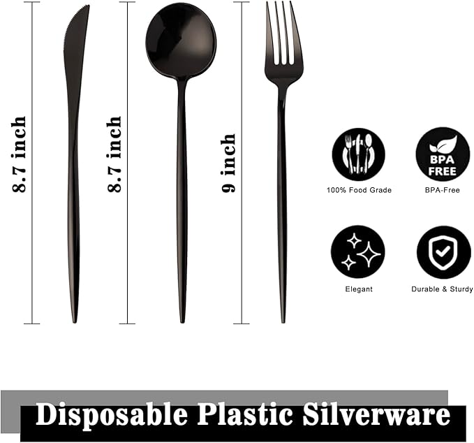 Black Plastic Forks, Knives and Spoons Set, 180 Count, Heavy Duty