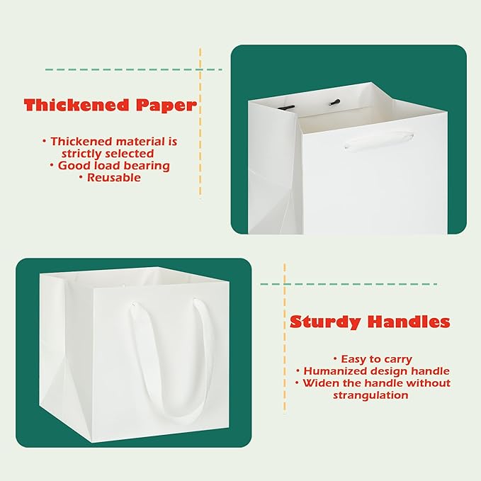Gift Bags 10 Pack 10x10 Inch White Square Bottom Paper with Handles