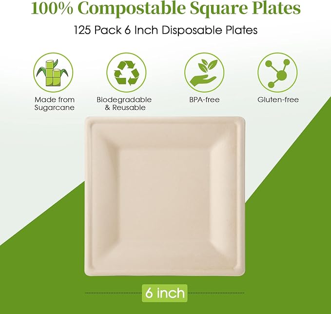 Disposable Plates, 6 Inch Square, 125 Count, Compostable Sugarcane