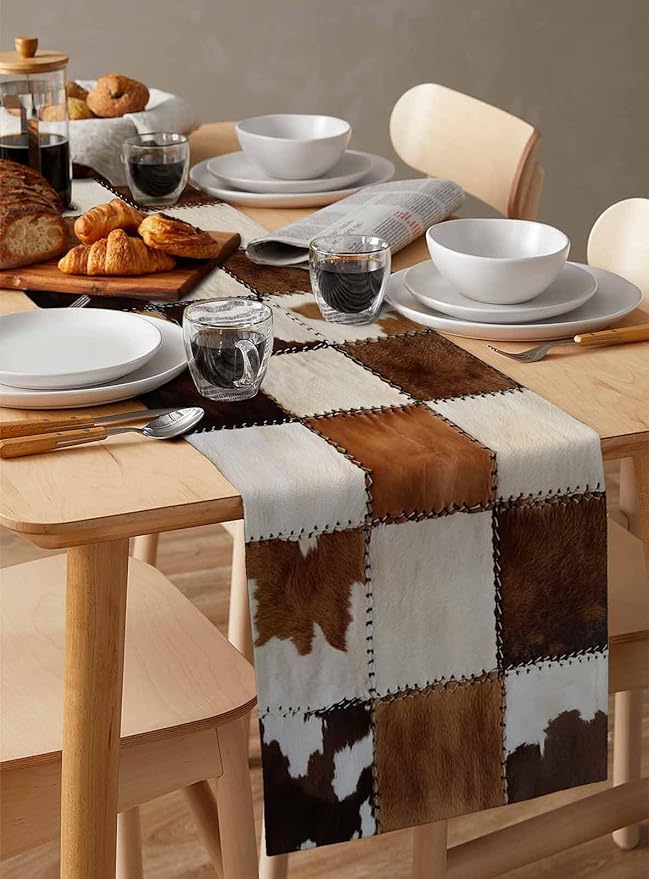 Abstract Cowhides Cotton Linen Table Runner for Dining Kitchen, Wedding Outdoor Party Tablerunners Decoration, Brown Beige Animal Fur Texture Dresser Scarf Coffee Tablecloth Runners 13x72 Inches