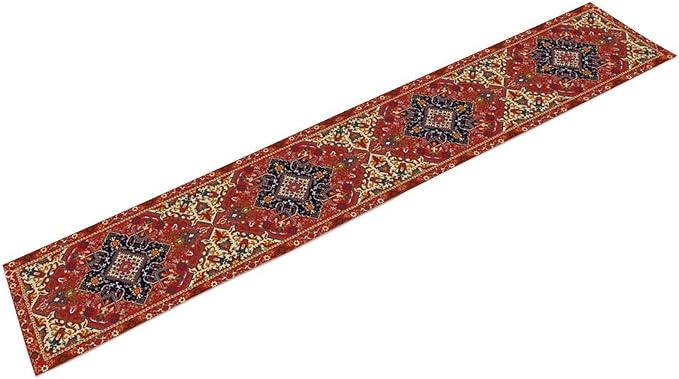 Boho Old French Table Runner, Vintage Red Beige Retro Flower Rustic Country Style Floral Print Pattern for Home Kitchen Table Decor Dining Coffee Room Garden Party Decor 13x90in