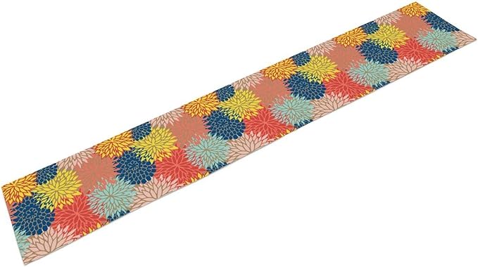 Dahlia Flowers Table Runner Colorful Floral Teal Grey Pink Yellow Blue Abstract Table Runner Kitchen Dining Party Decor Living Room, 13x108 Inch
