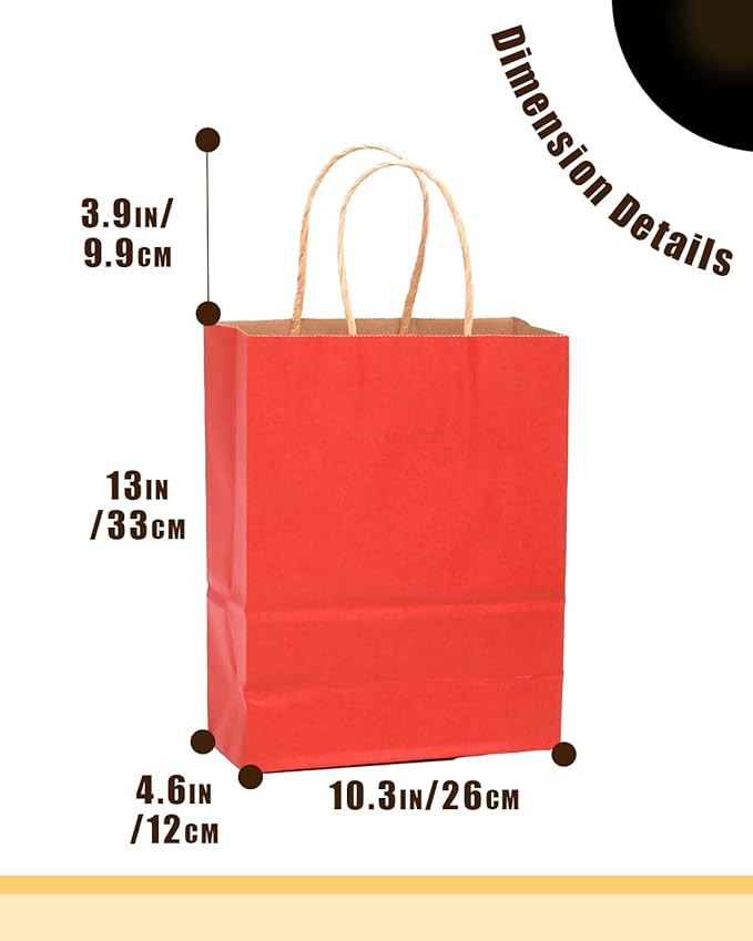 Gift Bags with Handles, Kraft Red, 100 Pack, 13 x 10.3 x 4.6 Inch