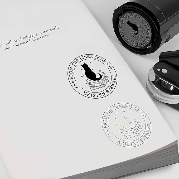 Book Embosser Personalized - Embosser Stamp Custom for Book, Cards, Paper, Napkins, Perfect for Book Lovers, Personal Library and Wedding, A Thoughtful Gift for Any Occasion - Cat