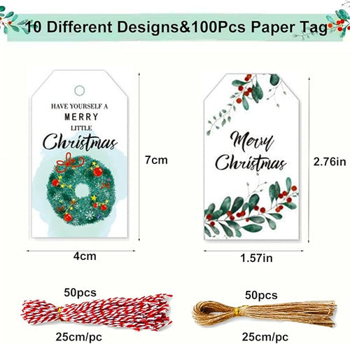 100 Pack Beautiful Christmas Gift Tags， Xmas Beautiful Gift Tags with Jute Twine Baker Twine for DIY Xmas Holiday Present Wrap Stamp and Label Package Name Card