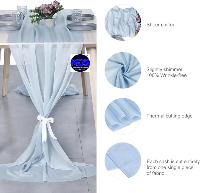 MDS 20 Pack 10ft Chiffon Table Runner 29 x 120 Inches Sheer Wedding Runner Romantic Rustic Table Runner for Wedding Decorations, Birthday Parties, Bridal Shower Party Arch Decor - Baby Blue