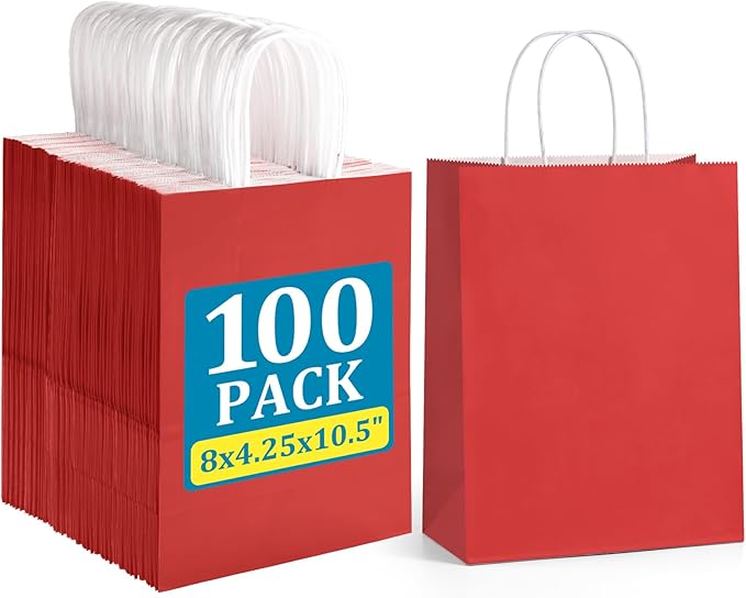 Gift Bags - Red Paper, Medium 8 x 4.25 x 10.5 Inch, Pack of 100