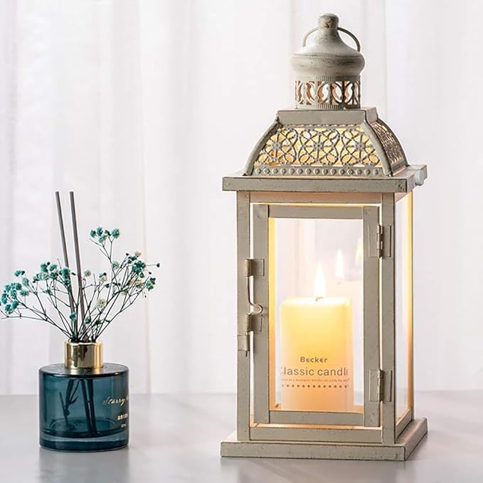 Decorative Candle Lantern, Beige Metal with Glass Panes, Indoor and Outdoor