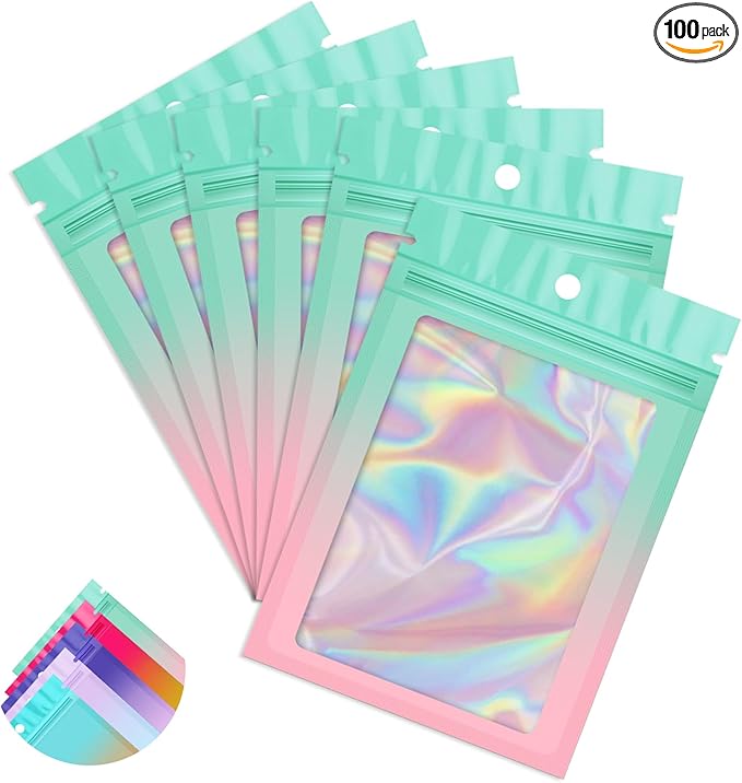 Funfery 100 Pack Gradient Holographic Bags,Mylar Resealable Bag with Zipper,Clear Window Packaging Pouch,Smell Proof Bags for Food Storage,Sample Jewelry Baggies(6.3x9.4In,Green Pink)