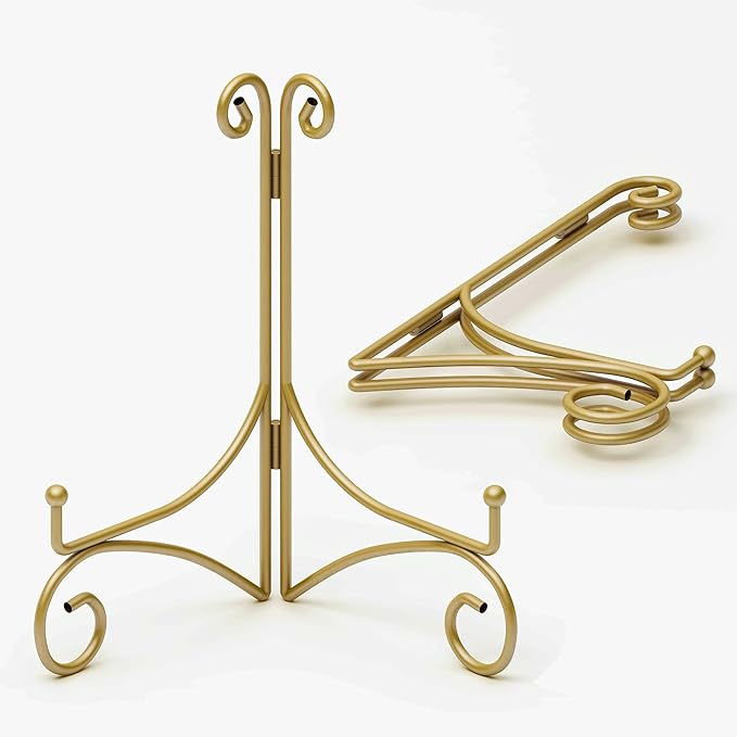 Plate Stand for Display with Hinged Folding Design, 6 Inch Picture Stands for Tables, Small Easels for Displaying Book, Art Piece, Photo and Platter, 6’’ Gold, 2-Pack