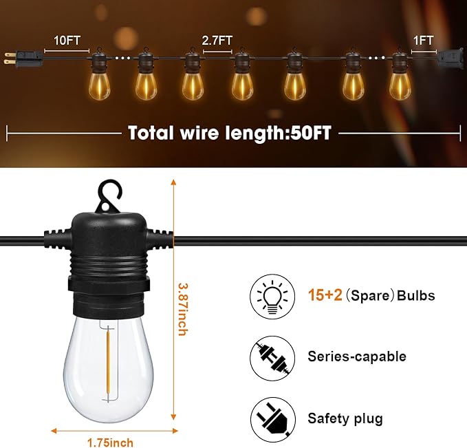 String Lights for Outdoor Use: 50 Ft LED, Yellow, Shatterproof