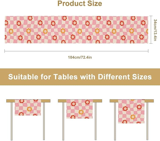 Vintage Floral Table Runner,60s Retro Color Funky Hippie Print Table Cloth Kitchen Dining Table Home Party Decoration 13x72 Inch