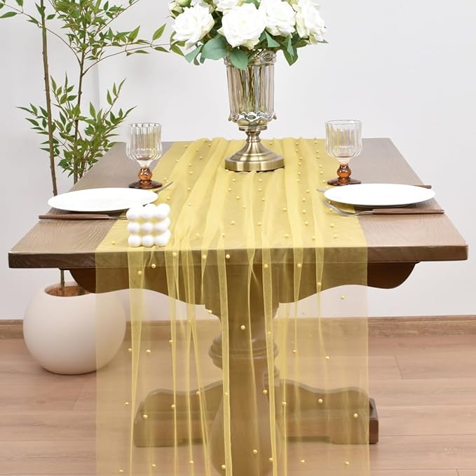 Joanlody Fall Pearl Table Runner 10ft Rustic Boho Tulle Table Runner with Pearls for Baby Shower Wedding Party Veil Dessert Thanksgiving Table Decor Yellow