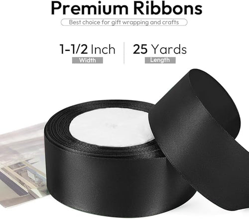 1-1/2 Inch 25 Yards Satin Ribbon Black, Solid Color Fabric Ribbon for Gift Wrapping, Wedding, Polyester Gift Ribbon for Birthday Party Decoration, Craft, Hair, Floral, Sewing