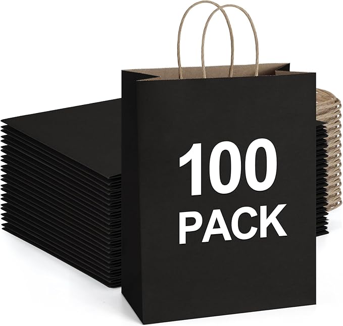 Gift Bags 100 Count 10x5x13 Inch Black Kraft with Twist Handles