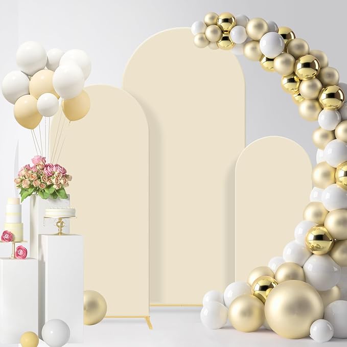 Metal Wedding Arch Backdrop Stand Set of 3 in Beige with Gold Finish