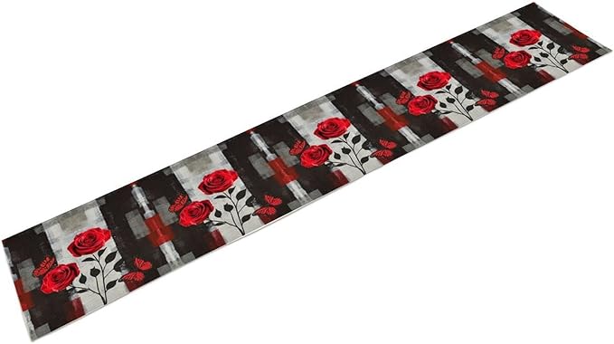 Abstract Art Rose Table Runner, Red Roses Floral Butterfly Black Red Grey Ink Background Pattern Kitchen Dinning Table Runner for Indoor Outdoor Home Wedding Party Holiday, 13x36 Inch