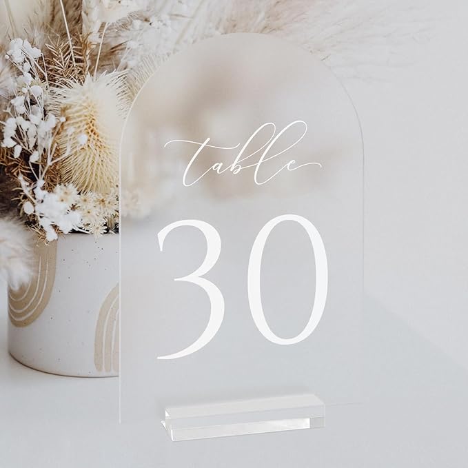 JINMURY Frosted Arch Table Numbers for Wedding, 5x7 Inch Acrylic Table Numbers 1-30 with Stands, Frosted Acrylic Arch Tabletop Sign with Holder for Centerpiece, Reception, Wedding, Party, Event
