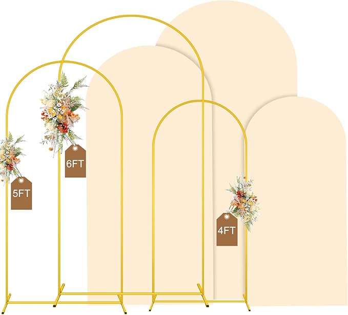 MODFUNS Metal Arch Backdrop Stand and Cover Set 4&5&6ft Beige Wedding Arch Covers Gold Arched Cover Set of 3 Chiara Arches Backdrop Cover for Wedding Ceremony Party Banquet Decoration