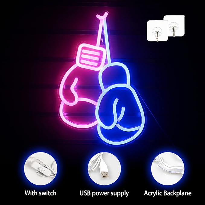 Lucunstar Boxing Gloves Neon lights Pink Blue LED Light Sign Boxing Gloves Neon Signs for Gym Wall Decoration Boxing Gloves Neon Light with USB/Switch,Room Decor, Man Cave Decor for Men