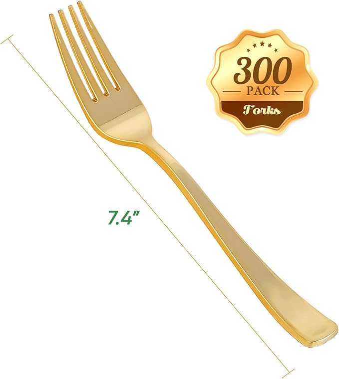 Disposable Plastic Forks, 300 Count Gold Heavy-Duty, 7.4 Inch