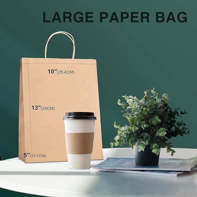 METRONIC Paper Gift Bags 10x5x13'' 200Pcs Brown Paper Bag with Handles Bulk, Kraft for Small Business, Birthday Wedding Party Favor Bags, Christmas, Retail shopping