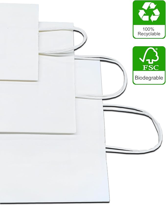 Gift Bags with Handles, 100 Count White Kraft Paper, Medium Size