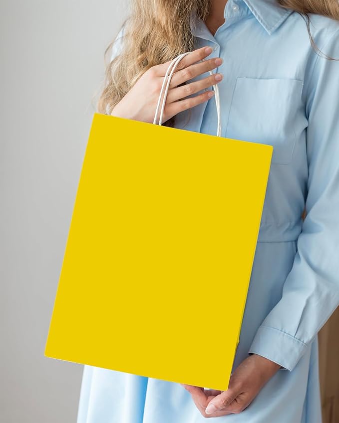 Gift Bags with Handles, Bright Yellow Paper, 100 Pack