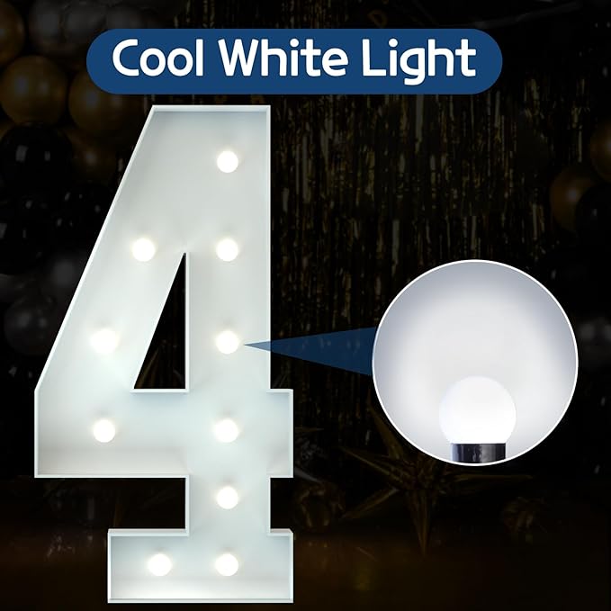 Marquee Numbers 4 Feet Tall Big Light Up Numbers 4 Year Old 14th 40th Birthday Decorations Girl Boy Women Men White Anniversary Party Decor Large Cardboard Prop Backdrop Sign 4