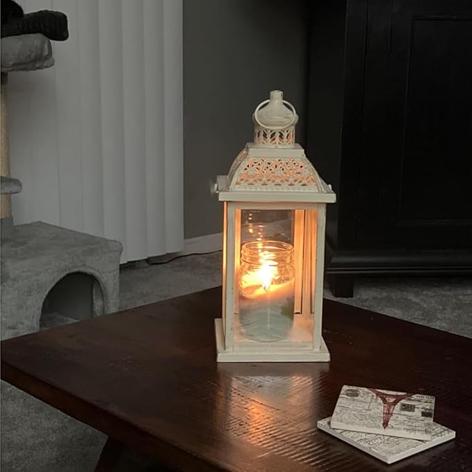 Decorative Candle Lantern, Beige Metal with Glass Panes, Indoor and Outdoor