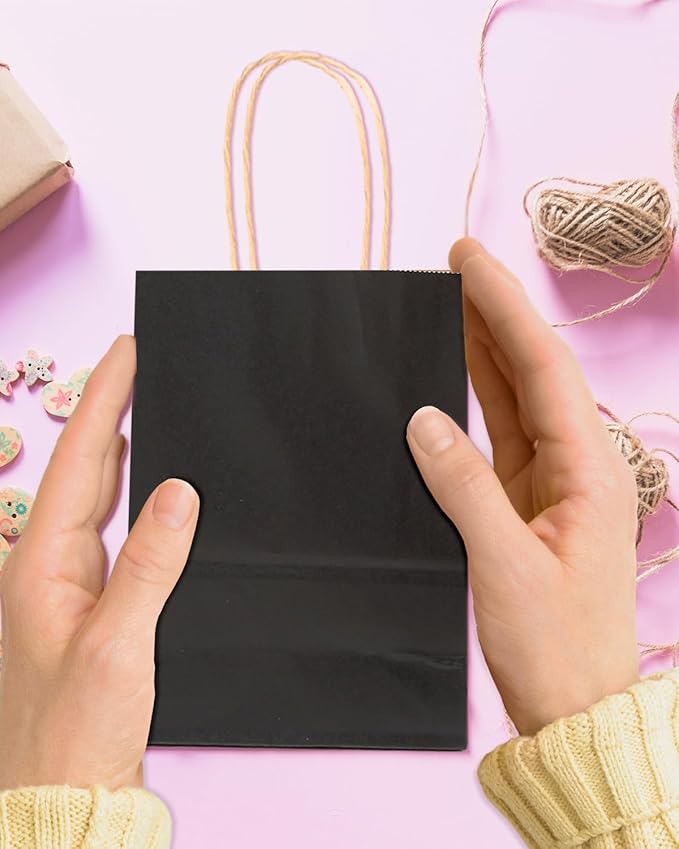 Gift Bags, 100 Count Mini Black Kraft Paper Bags with Handles