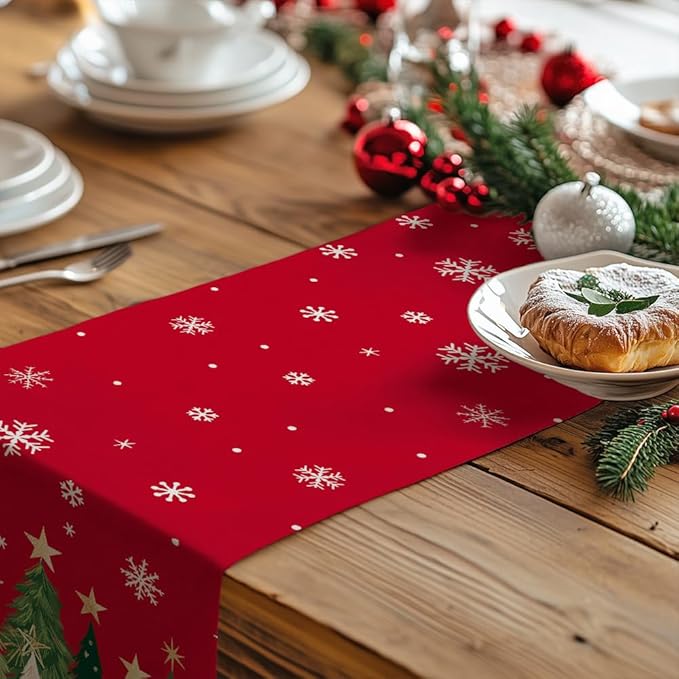 GEEORY Christmas Table Runner 13x36 Inch, Xmas Trees Snowflakes Holiday Decorative Farmhouse Table Decoration for Kitchen Dinning, Indoor Outdoor Dinner Party Decor (Red) GT150-36