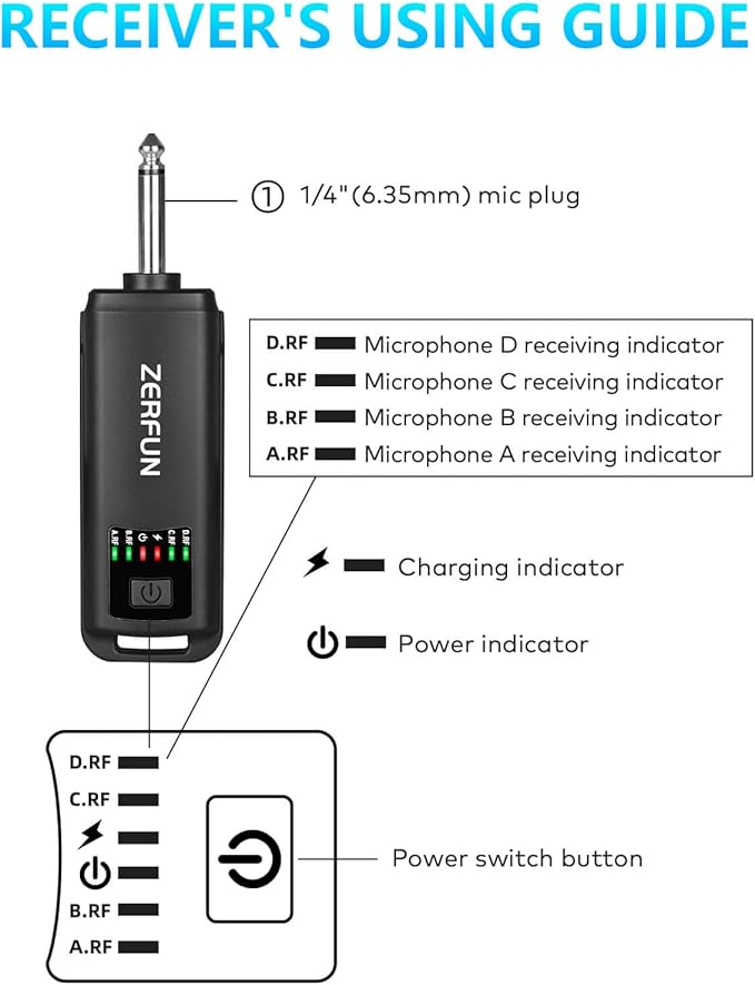 Rechargeable Wireless Microphones 4, Pro Handheld Cordless Mics System Dynamic with Echo Treble BASS VOL Control for Karaoke Singing Church Party, 1/4'' Output, D240, Black