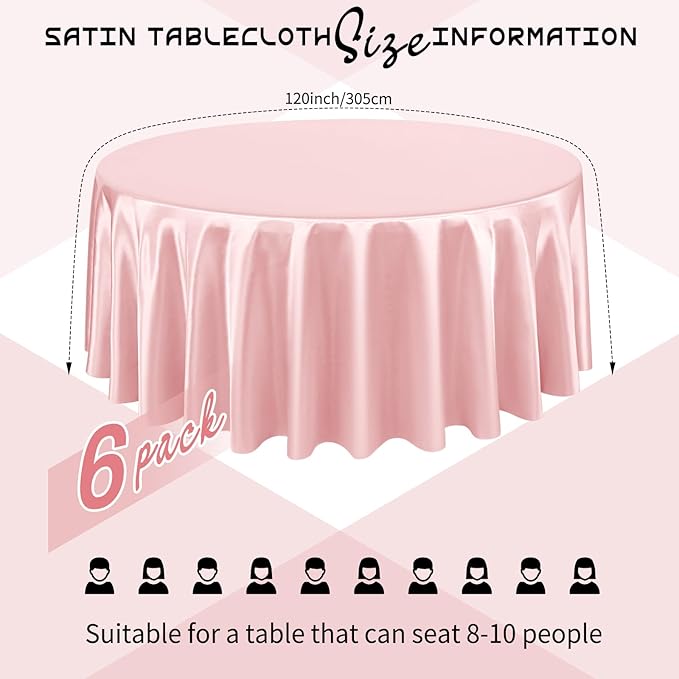 6 Packs Satin Tablecloth 120 Inch Rose Gold Round Table Cloth Silk Tablecloth Smooth Fabric Overlay Satin Table Cover Decoration for Wedding Party Banquet Events