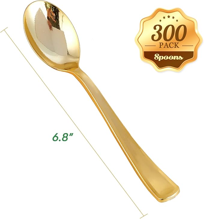 Gold Plastic Party Spoons, 300 Count, 6.8 Inch Disposable