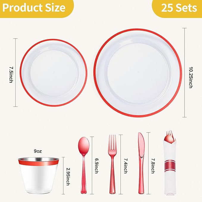 Party Plates Set in Red Plastic, 175 Pieces for 25 Guests