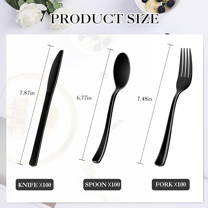Disposable Plastic Silverware Set, 300 Pieces, Heavy Duty Black