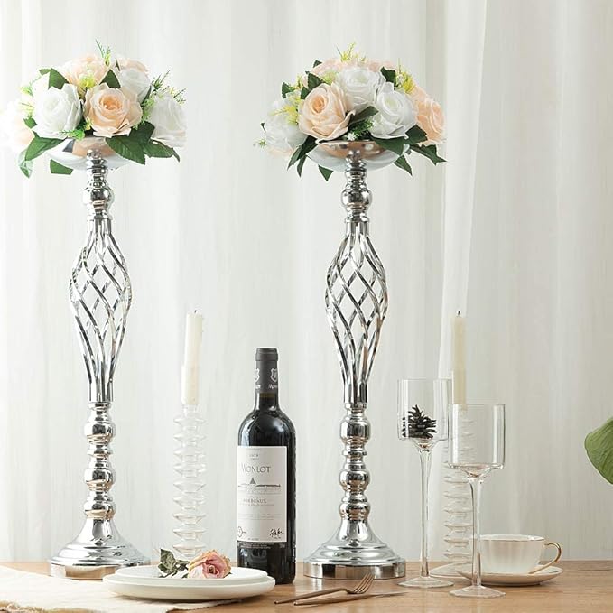 Vases, Silver Metal Twist Wedding Centerpieces, Set of 10, 23.23 Inch Tall